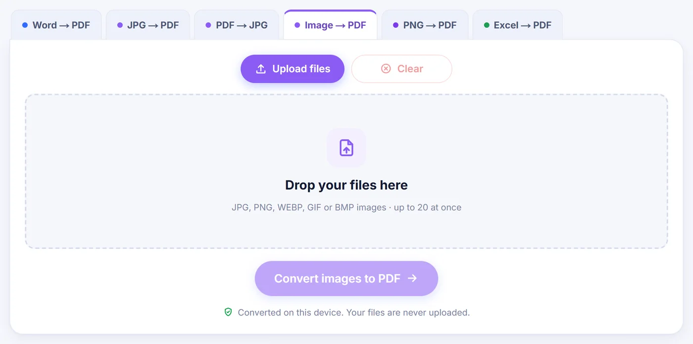 Image to PDF tab with an empty drop zone listing JPG, PNG, WEBP, GIF or BMP up to 20 at once, plus Upload files and Clear buttons