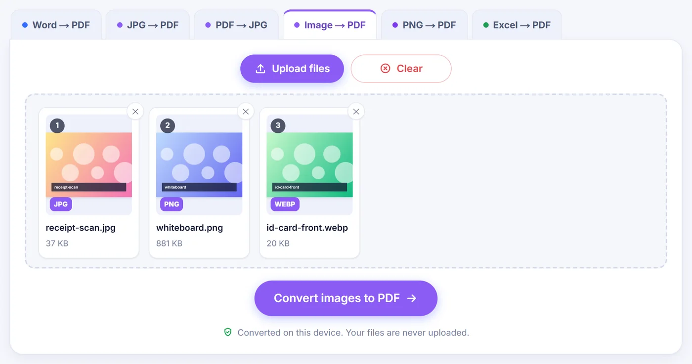 Three numbered cards for receipt-scan.jpg, whiteboard.png and id-card-front.webp, each with a format badge and file size