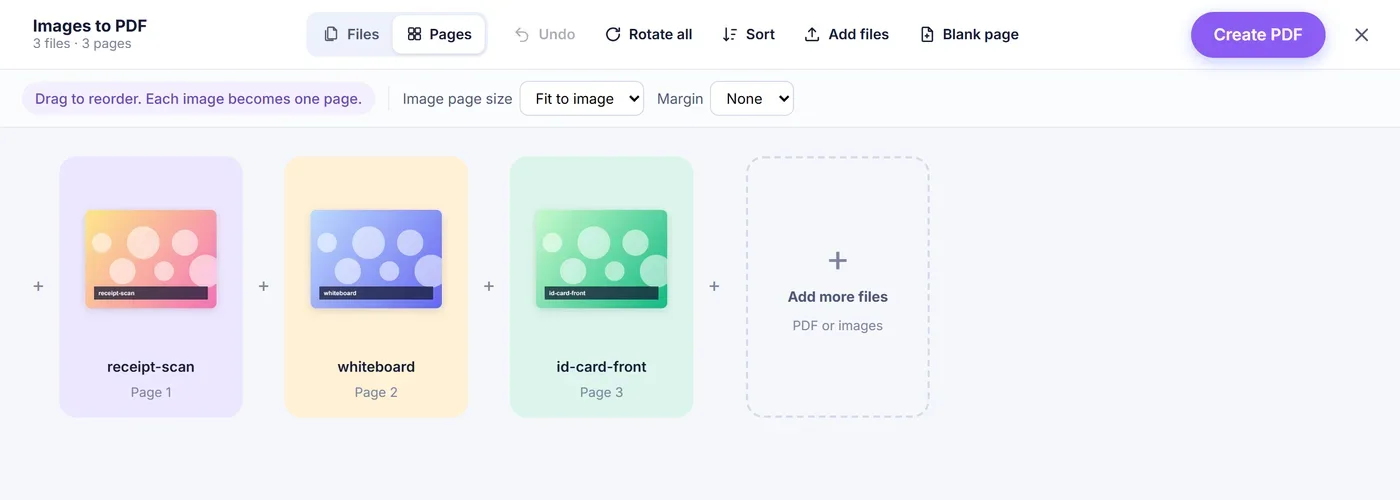 Page editor with receipt-scan, whiteboard and id-card-front as Pages 1 to 3, Fit to image page size, Margin None and an Add more files tile