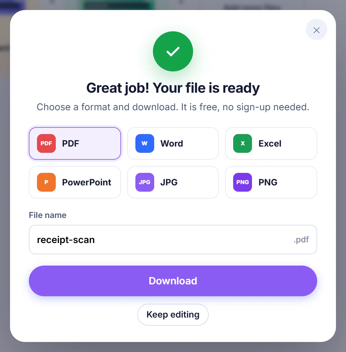 Completion window reading Great job! Your file is ready, with PDF selected, the file name receipt-scan and a Download button